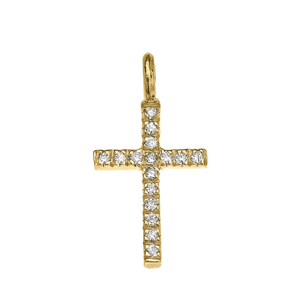 14k Solid Yellow Gold Mini Elegant Diamond Cross Pendant Necklace