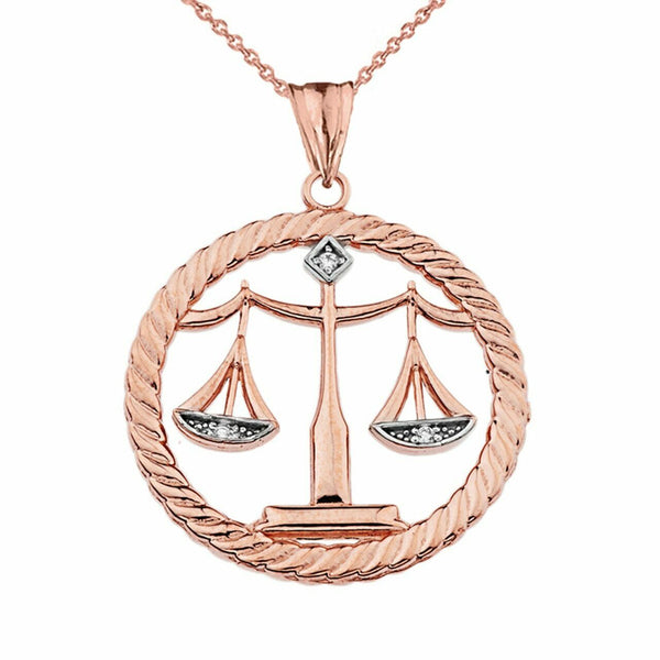 Solid 14k Rose Gold Diamond Scales of Justice Rope Pendant Necklace