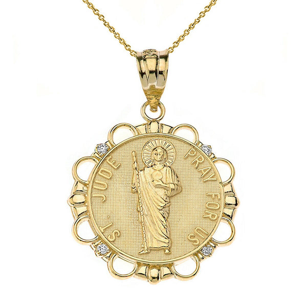 Solid 10k Gold Diamond St. Saint Jude Pray For Us Pendant Necklace