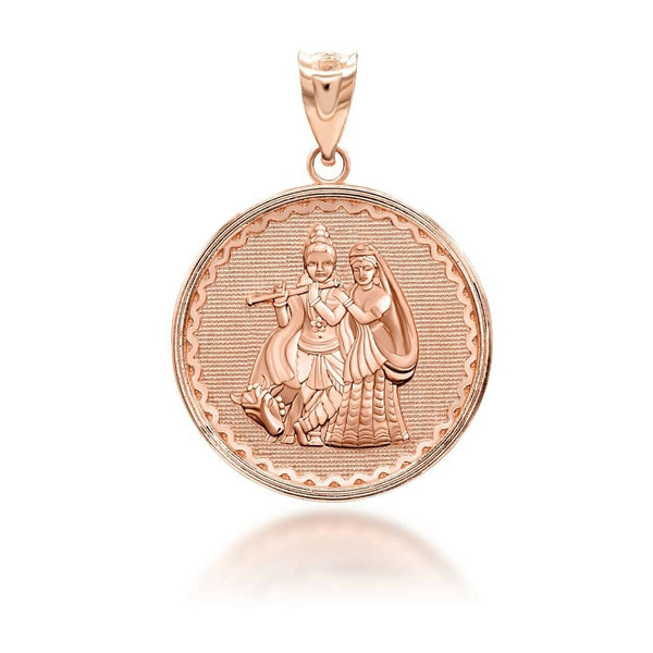 14K Solid Gold Radha Krishna Hindu Pendant Necklace - Yellow, Rose, or White