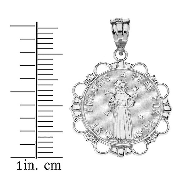 925 Sterling Silver Saint Francis Pray For Us Circle CZ Pendant Necklace
