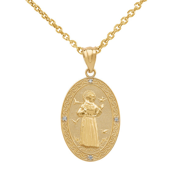 10K Solid Gold Saint Francis of Assisi Oval Medallion Diamond Pendant Necklace