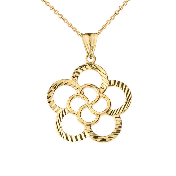 Solid Gold Designer Sparkle Cut Flower Player Pendant Necklace Yellow Rose White