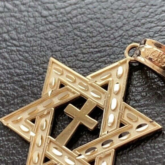 Solid 14k Rose Gold Jewish Star of David Cross Pendant Necklace Medium 1.25"