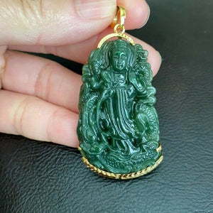 14k Solid Gold Natural Jadeite Jade Kwan Quan Yin Green Female Buddha Pendant