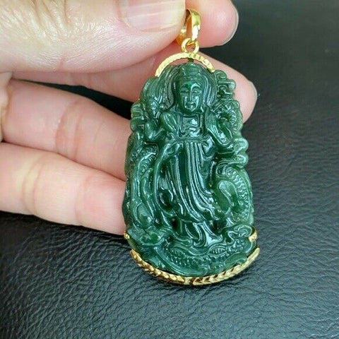 14k Solid Gold Natural Jadeite Jade Kwan Quan Yin Green Female Buddha Pendant