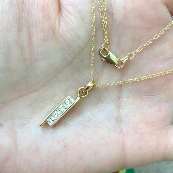 14K Solid Gold Small CZ Bar Pendant Dainty Necklace 16"-18" adjustable