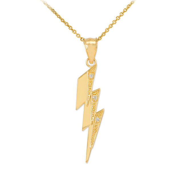 10k Solid Gold Diamond Thunderbolt symbolizes Power Authority Pendant Necklace