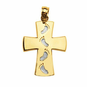 14K Solid Gold Cross White Footprint Pendant - Yellow Gold