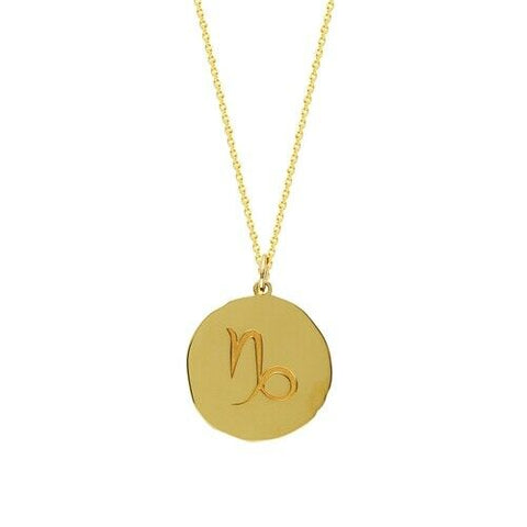 14K Solid Gold Organic Disk Engraved Capricorn Zodiac Symbol Pendant Necklace