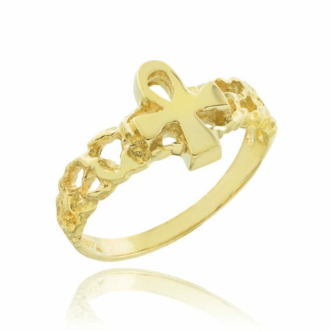 10k Yellow Gold Ankh Cross Nugget Knuckle Ring Size 1, 2, 3, 4, 5, 6, 7, 8