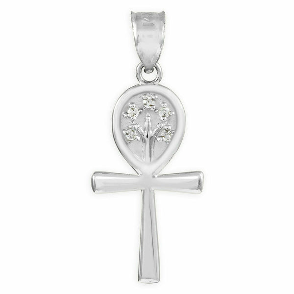10K Real White Gold Ankh Cross Tree of Life Pendant Necklace