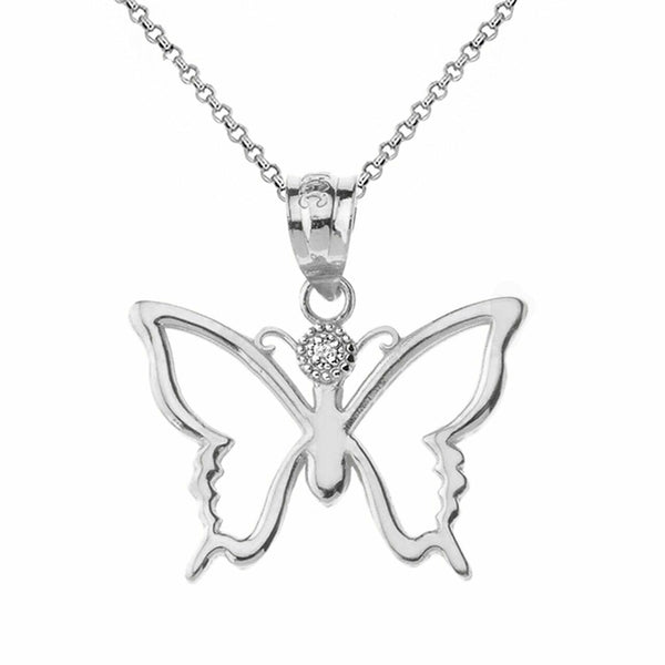 Solid Gold Diamond Butterfly Outline Openwork Resurrection Joy Pendant Necklace
