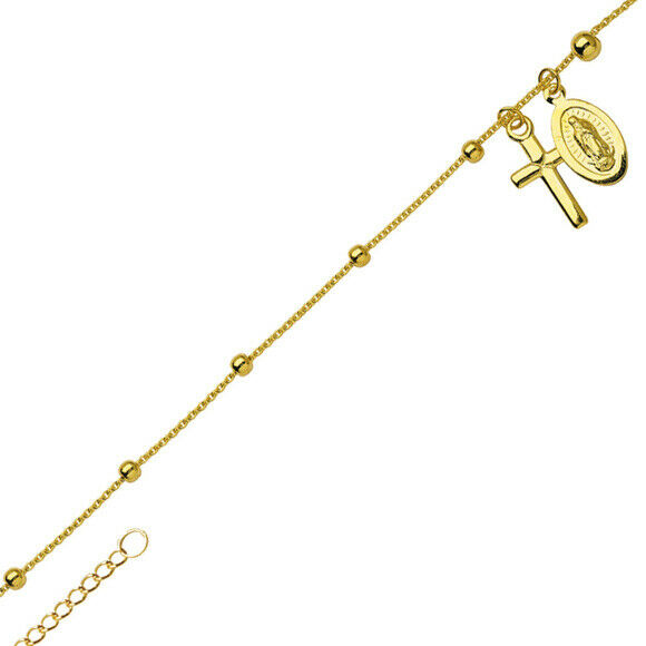 14K Solid Gold Virgin Mary Cross Bead Anklet -Yellow 9"-10" Cable Adjustable