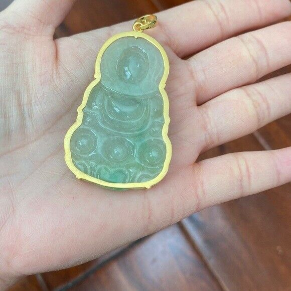 14K Solid Gold Lady Tara Buddhist Buddha Natural Jade Pendant Bodhisattva