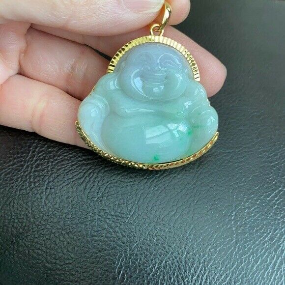 14K Real Gold Natural Jadeite Jade Happy Laughing Buddha Pendant Male Charm