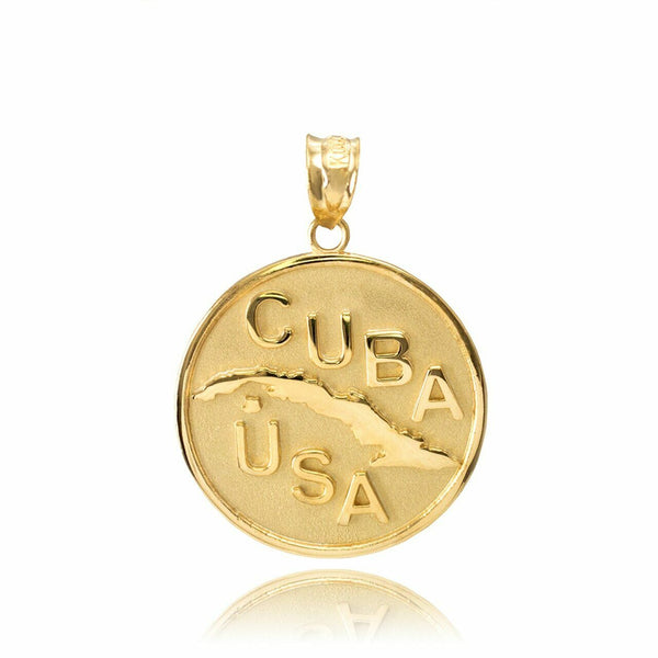 10k Solid Yellow Gold CUBA USA Medallion Pendant Charm Necklace