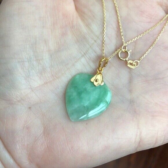 14K Solid Yellow Gold Heart Jade Pendant Necklace many length Chain16" 18" 20"