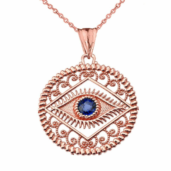 10k Solid Rose Gold Round Filigree Evil Eye Pendant Necklace