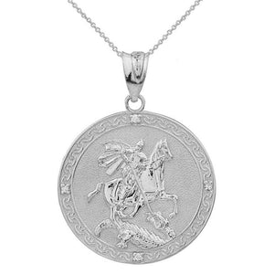 925 Sterling Silver Saint George Engravable CZ Medallion LG Pendant Necklace