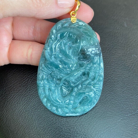 14K Solid Real Gold Carved Dragon Natural Jade Pendant Oval Large Men