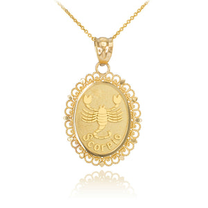 10k Solid Gold Scorpio Zodiac Sign Filigree Oval Pendant Necklace