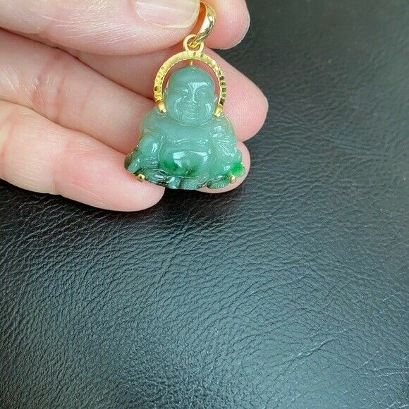 14K Solid Real Gold Natural Jadeite Jade Happy Laughing Buddha Pendant Male Luck