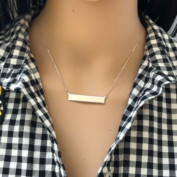 14K Solid White Gold Geometric Bar Name Plate Engravable Adjustable Necklace