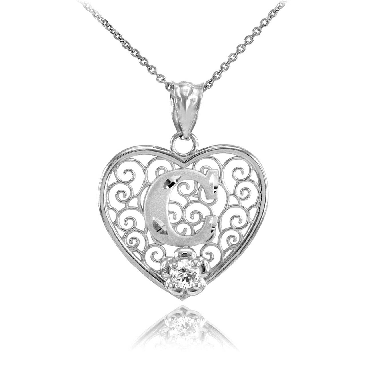 925 Sterling Silver Filigree Heart CZ Initial Letter C Pendant Necklace