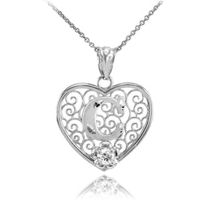 925 Sterling Silver Filigree Heart CZ Initial Letter C Pendant Necklace