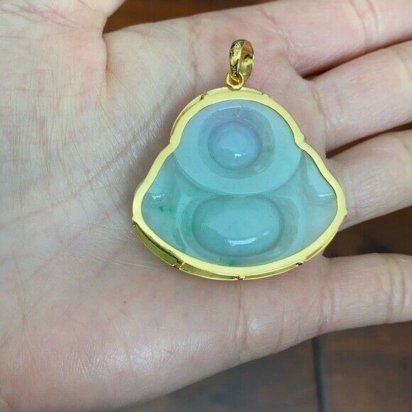 14K Real Gold Natural Jadeite Jade Happy Laughing Buddha Pendant Male Charm