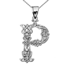 Sterling Silver CZ Celtic Knot Pattern Initial Letter P Pendant Charm Necklace