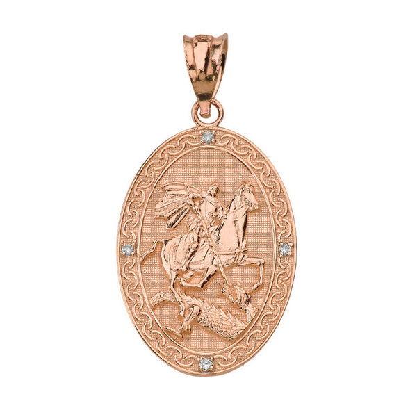 Solid 10k Gold Diamond Saint St. George the Dragon Prayer Oval Pendant Necklace