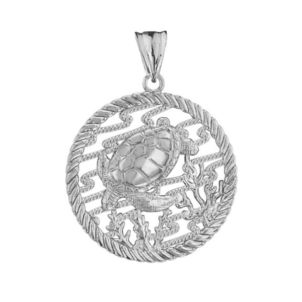 Sterling Silver Honu Sea Turtle On Seashore in Rope Pendant Necklace