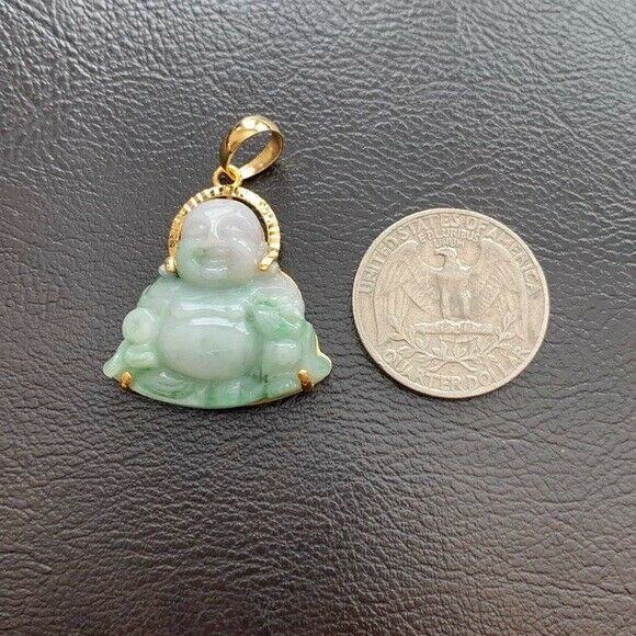 14K Solid Real Gold Natural Jadeite Jade Happy Laughing Buddha Pendant Male