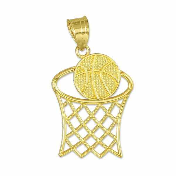 10k Solid Yellow Gold Textured Basketball Hoop Sport Pendant Necklace