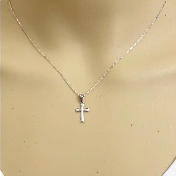 14K Solid White Gold Round Mini Small Cross Pendant Necklace 16" 18" 20" 22"