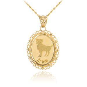 10k Solid Gold Aries Zodiac Sign Filigree Oval Pendant Necklace