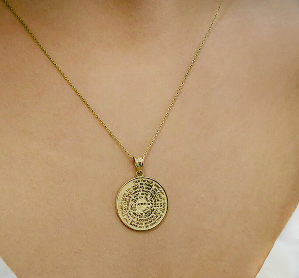 10k Solid Gold Padre Nuestro The Lord's Prayer Medallion Pendant Necklace