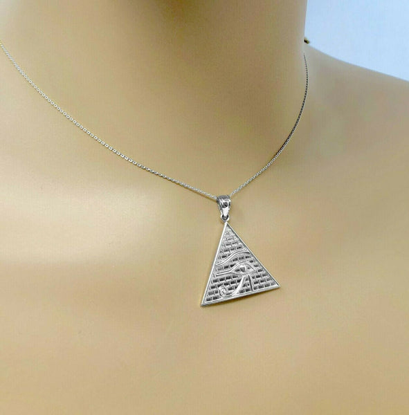 14k Solid White Gold Egyptian Pyramid Eye of Horus Pendant Necklace (13 Steps)