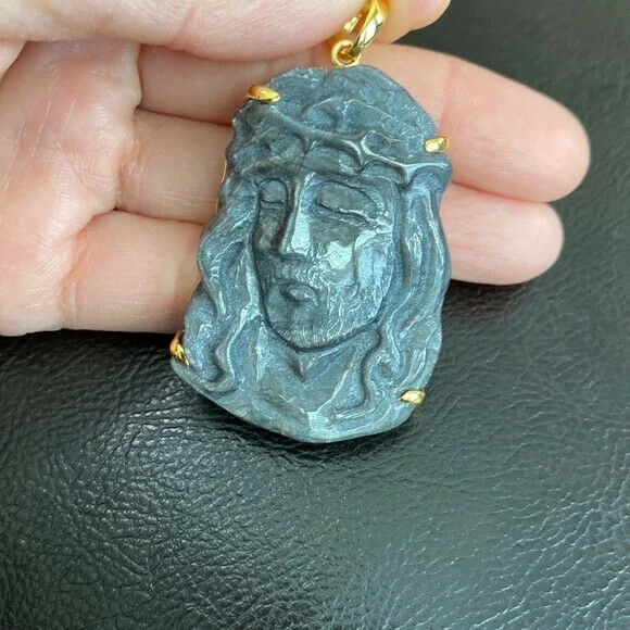 14K Real Solid Gold Natural Sapphire Carved Jesus Christ Head Face Pendant Large