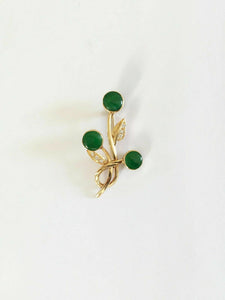 14K Solid Yellow Gold Round Green Jade Brooch Pin