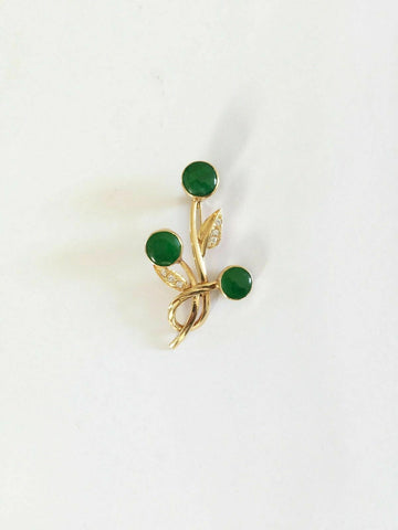 14K Solid Yellow Gold Round Green Jade Brooch Pin