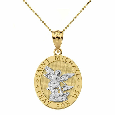 10k Two Tone Yellow Gold Engravable St Michael Pray For Us Oval Pendant Necklace