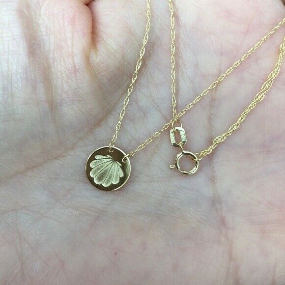 14K Solid Gold Mini Disk Etched Shell Dainty Necklace - Minimalist