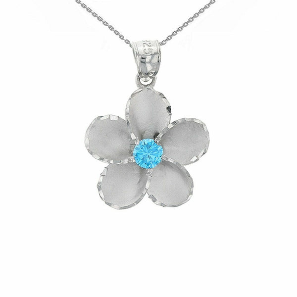 925 Sterling Silver Hawaiian Plumeria Blue CZ Pendant Necklace