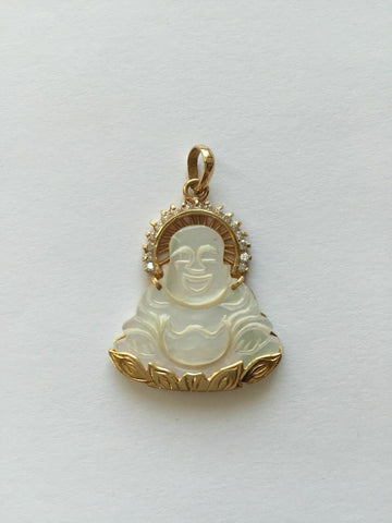 NEW 14K Solid Yellow Gold Happy Laughing Buddha Shell Pearl Religious Pendant
