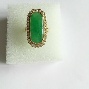 14K Solid Yellow Gold Green Jade Women CZ Ring Size 7.5