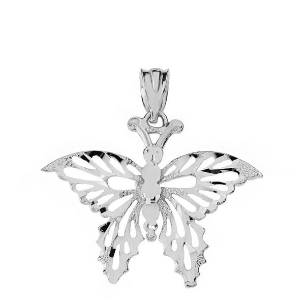 10k 14k Solid Gold Filigree Diamond Cut Butterfly Charm Pendant Necklace