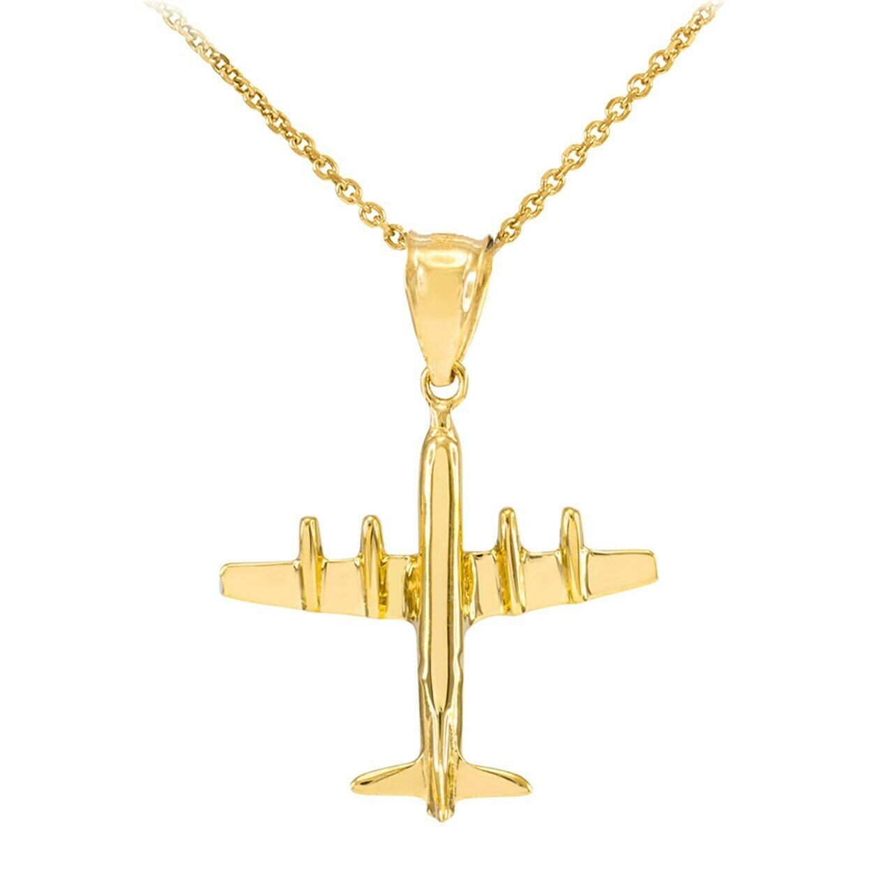 14k Solid Yellow Gold 3D Airplane Pendant Necklace